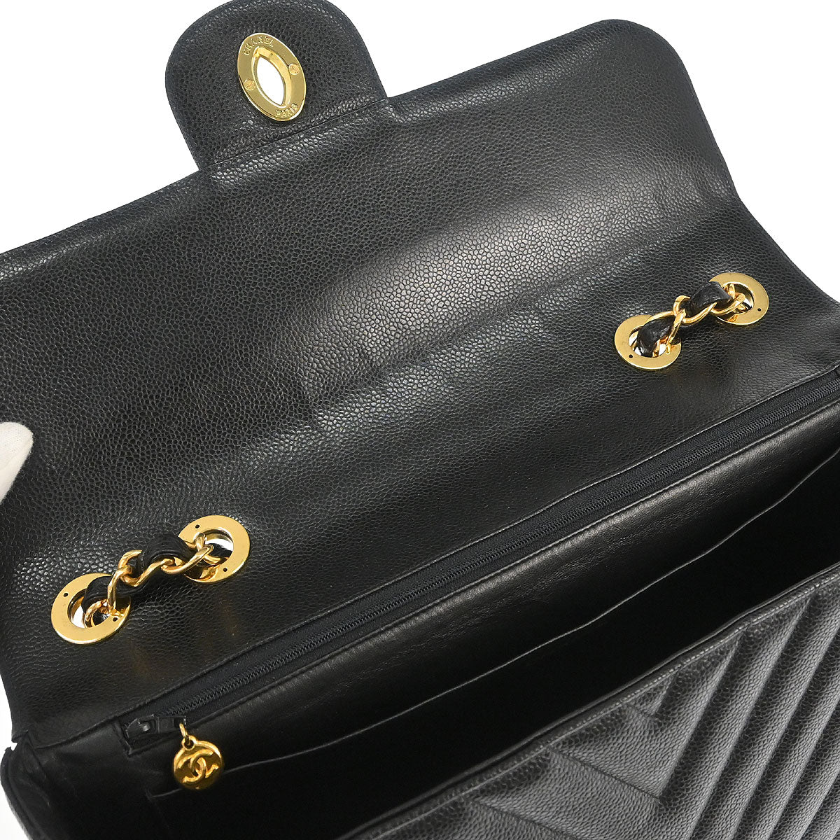 Chanel 1991-1994 Black Caviar Skin Chevron Maxi Classic Flap Shoulder Bag - Image 7
