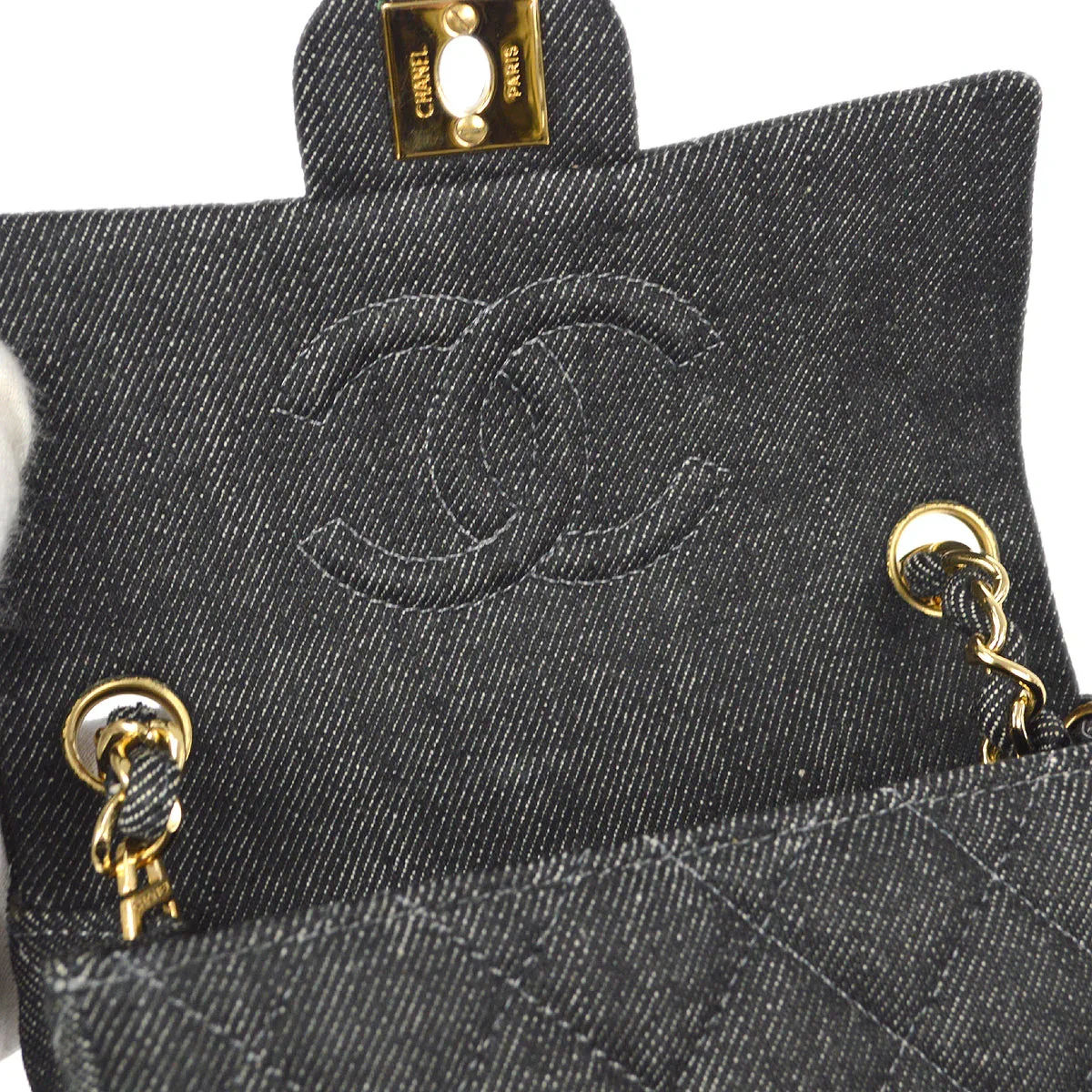 CHANEL 1997-1999 Classic Flap Mini Square 17 Black Denim - Image 7
