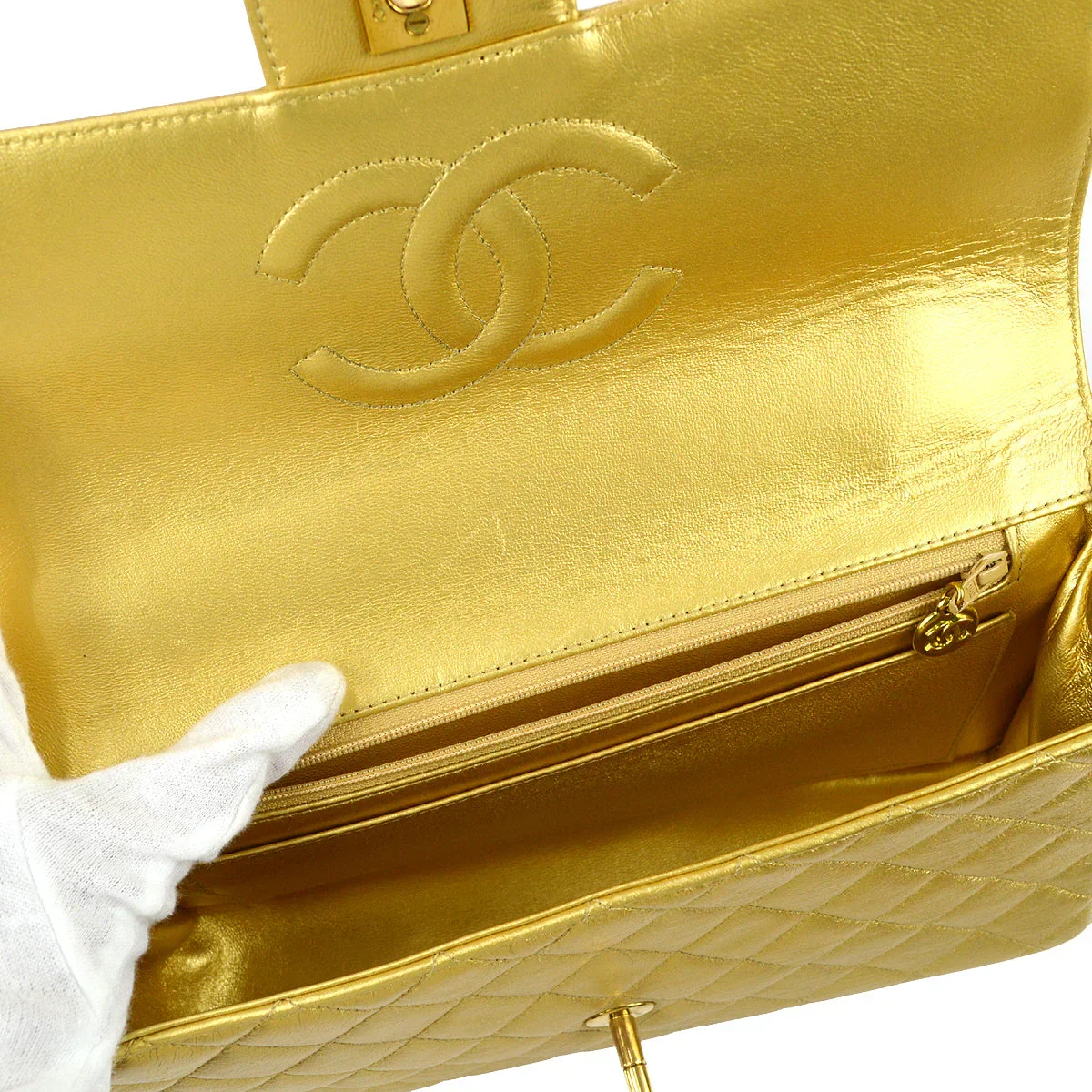 Chanel 1991-1994 Classic Flap Handbag Gold Lambskin - Image 6