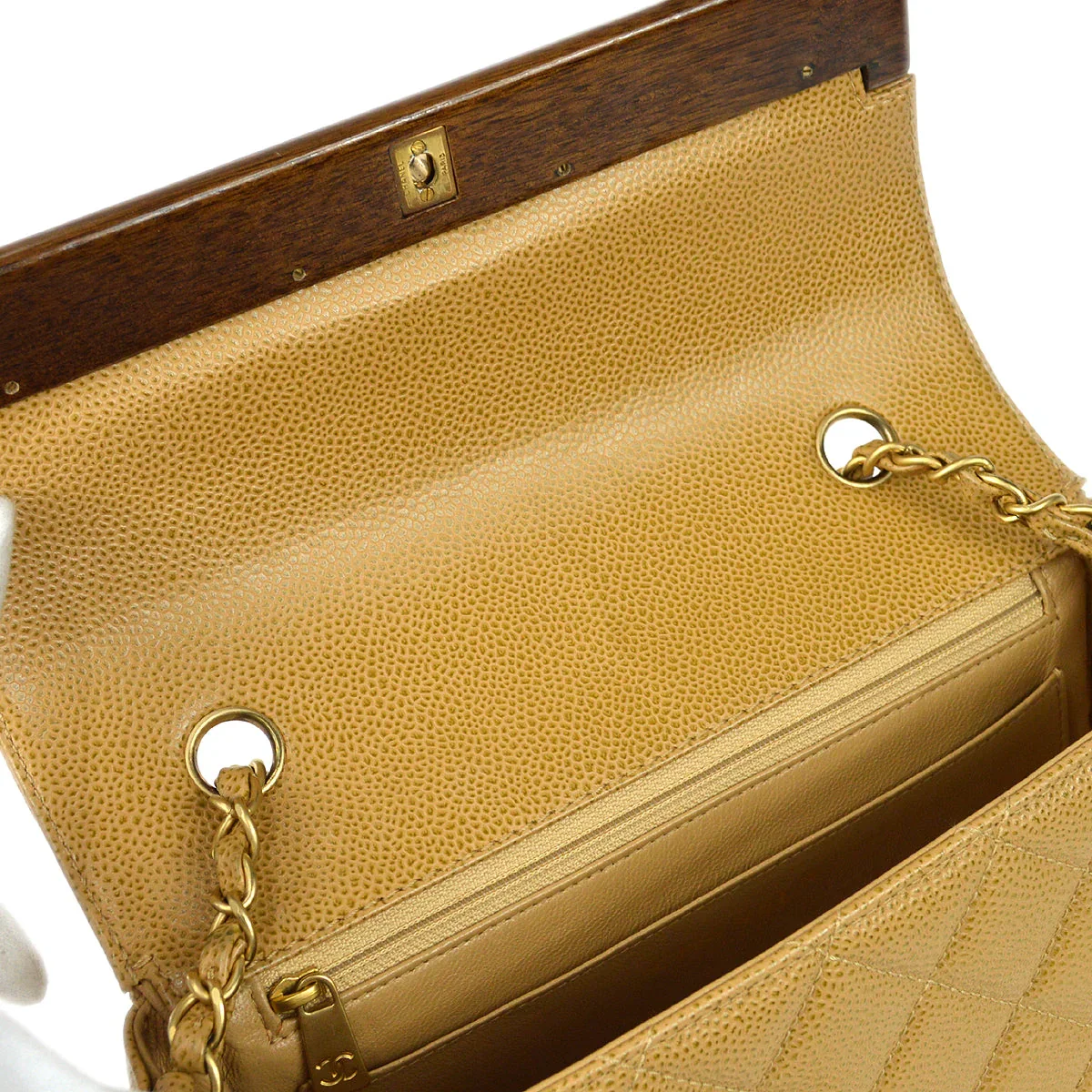 Chanel * 2003-2004 Wood Detail Straight Flap Small Beige Caviar - Image 6